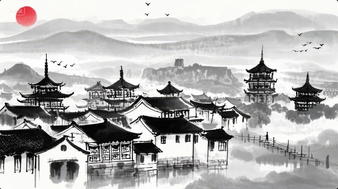 秋分节气水墨江南古镇红日禅意中式背景