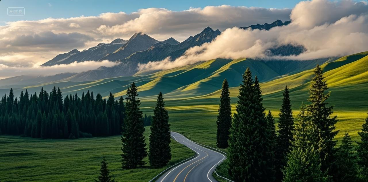 夏至节气山路弯道森林草原自然风光背景