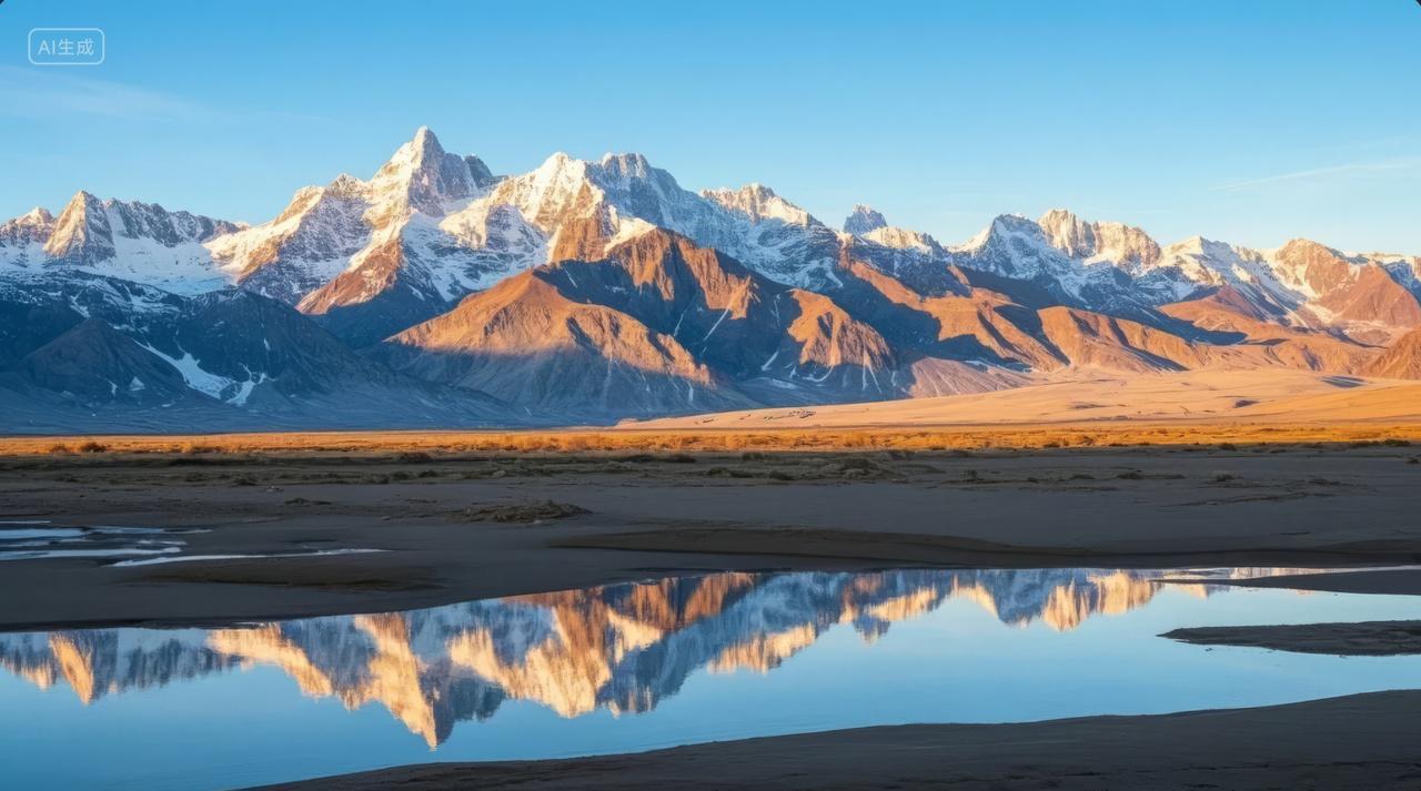 雪山冰川湖泊倒影日照金山壮丽自然背景