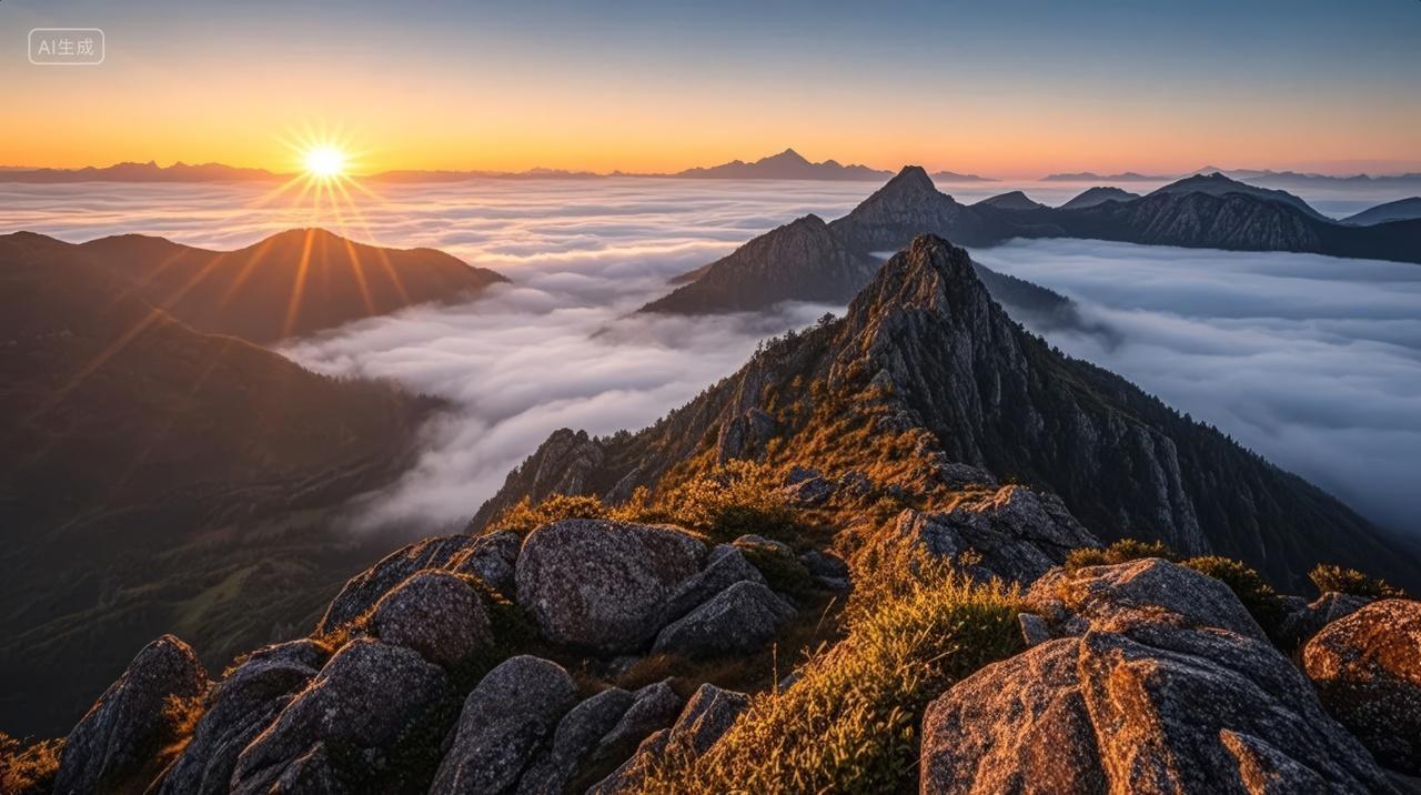 云海山峰日出阳光穿透励志企业文化背景