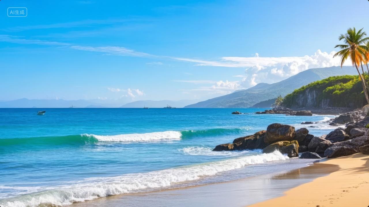 夏至节气热带海滩海浪椰树度假旅游背景