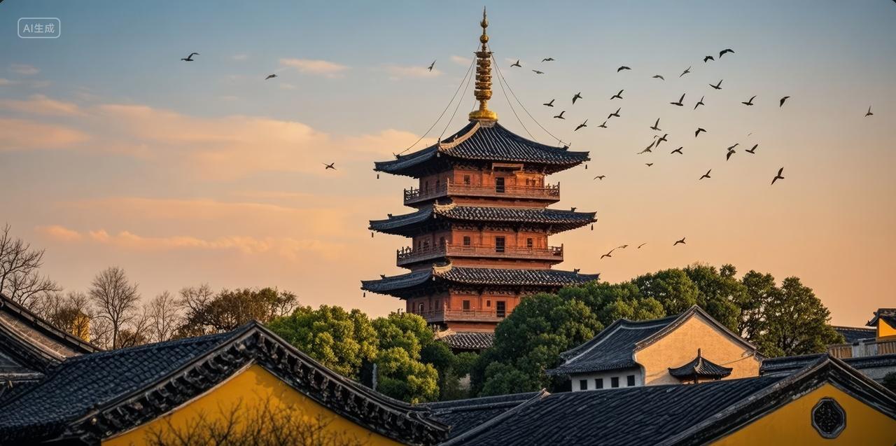 秋分节气古塔飞鸟黄昏中式建筑旅游背景