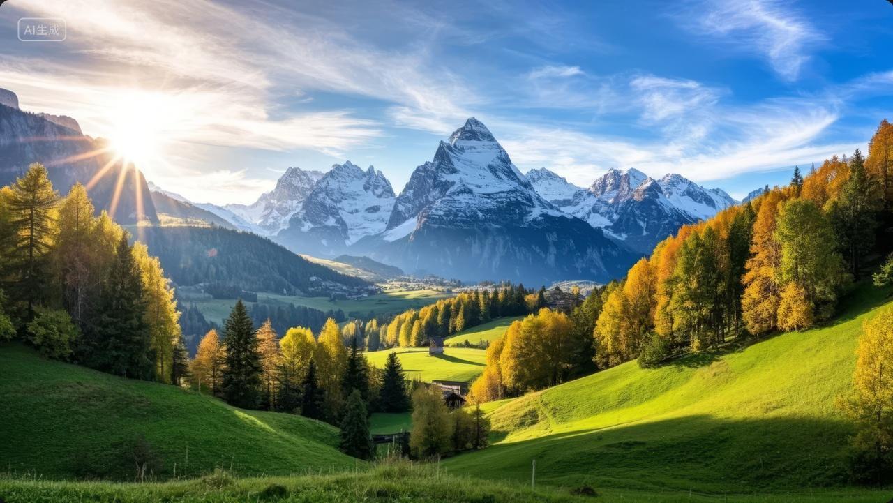 秋分节气阿尔卑斯山麓草原农舍秋色背景