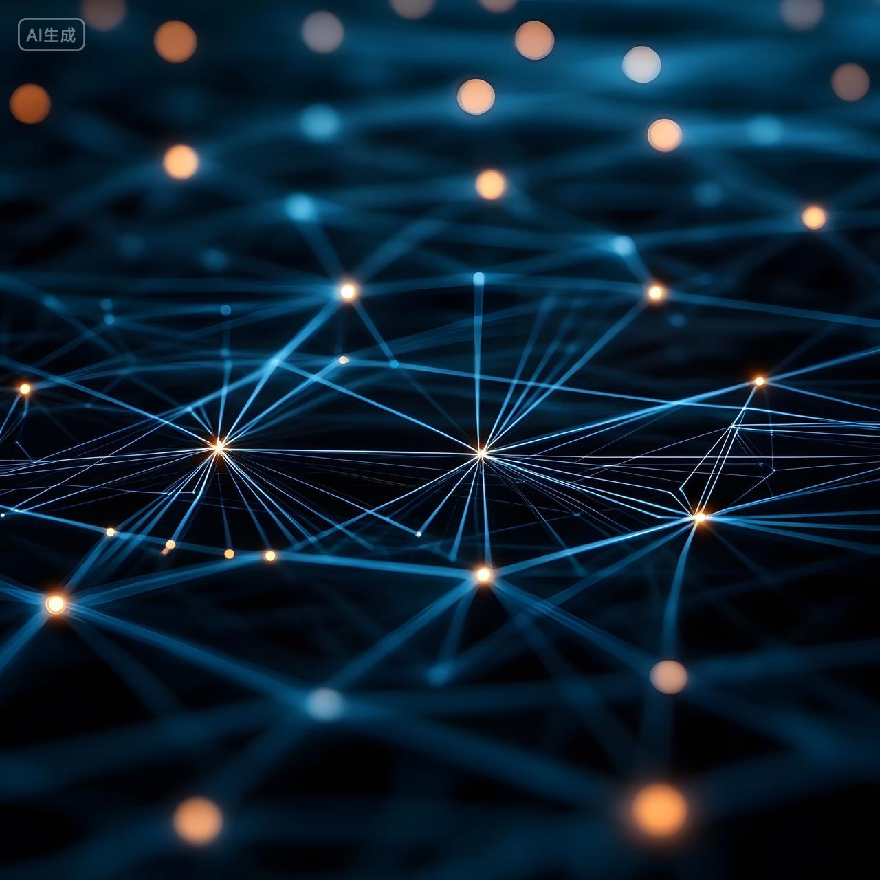 光点与线条交织成网络，象征着信息时代的互联互通与数据流动