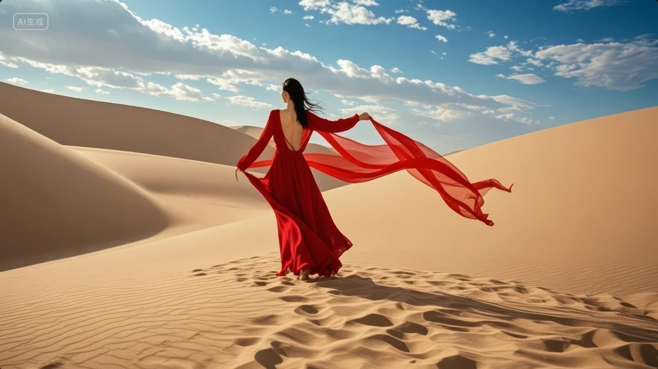 沙漠红衣女郎丝巾飘逸风情舞蹈人像背景