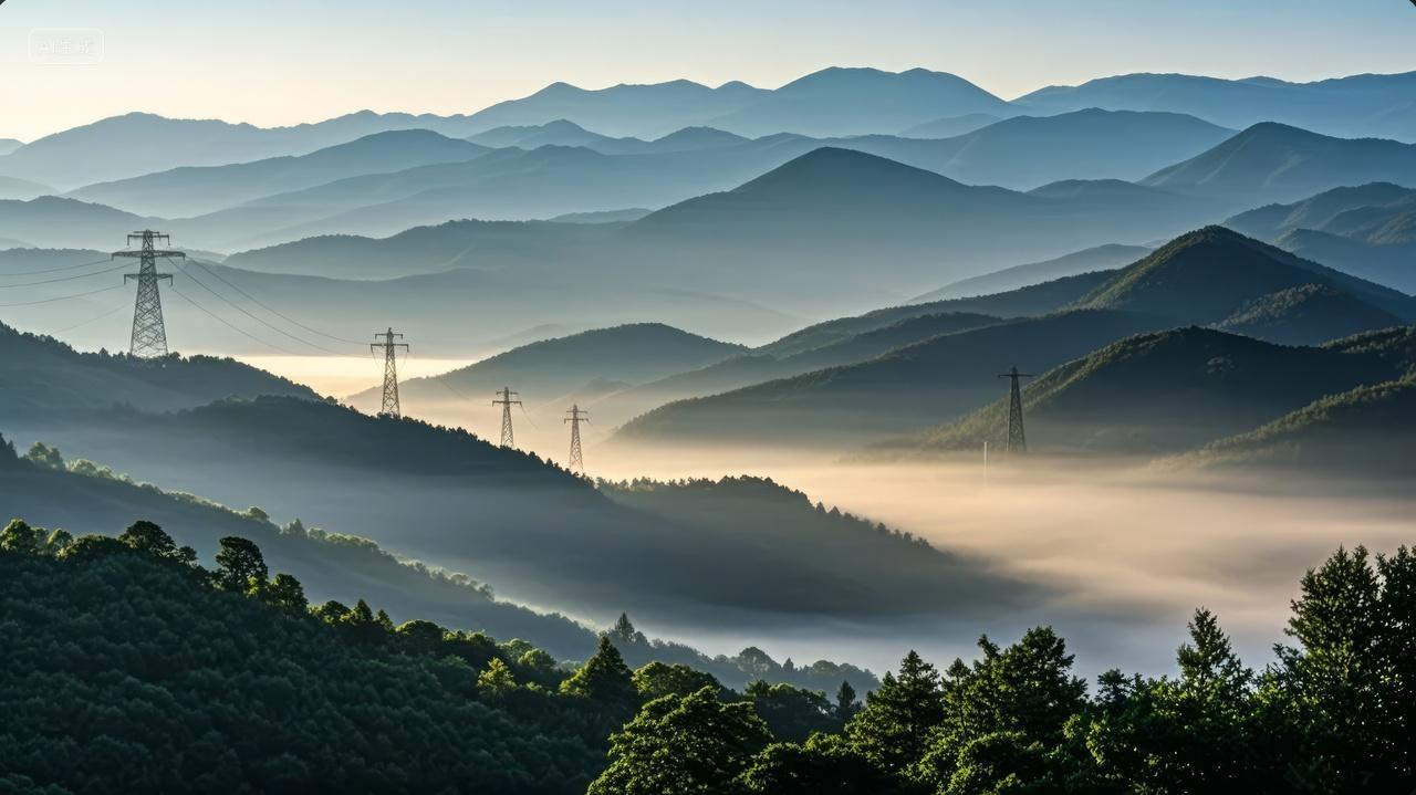 秋分节气山脉晨雾电塔朦胧意境风光背景