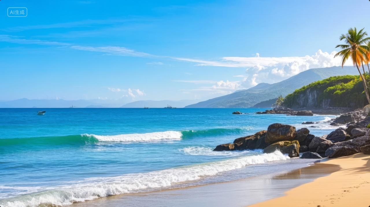 夏至大暑节气海岛沙滩海浪椰树度假旅游背景