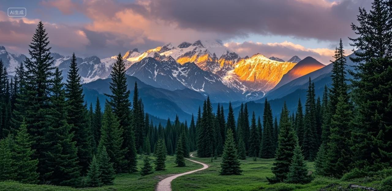 冬至节气雪山森林日照金山自然旅游背景