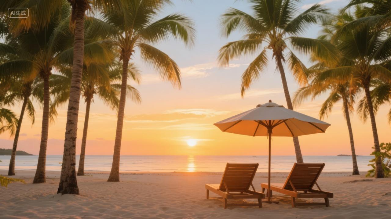 夏至小暑节气海滩日落椰树躺椅度假旅游背景