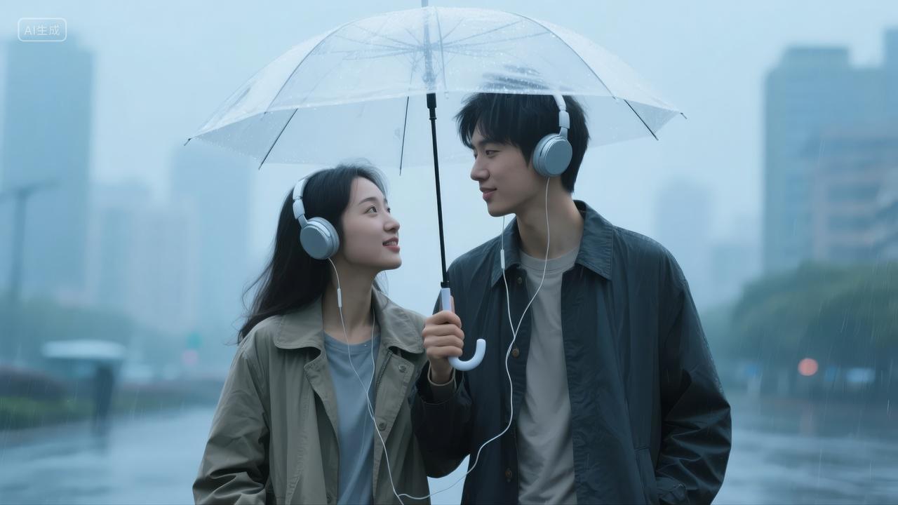 雨中情侣撑伞听音乐都市爱情生活广告背景