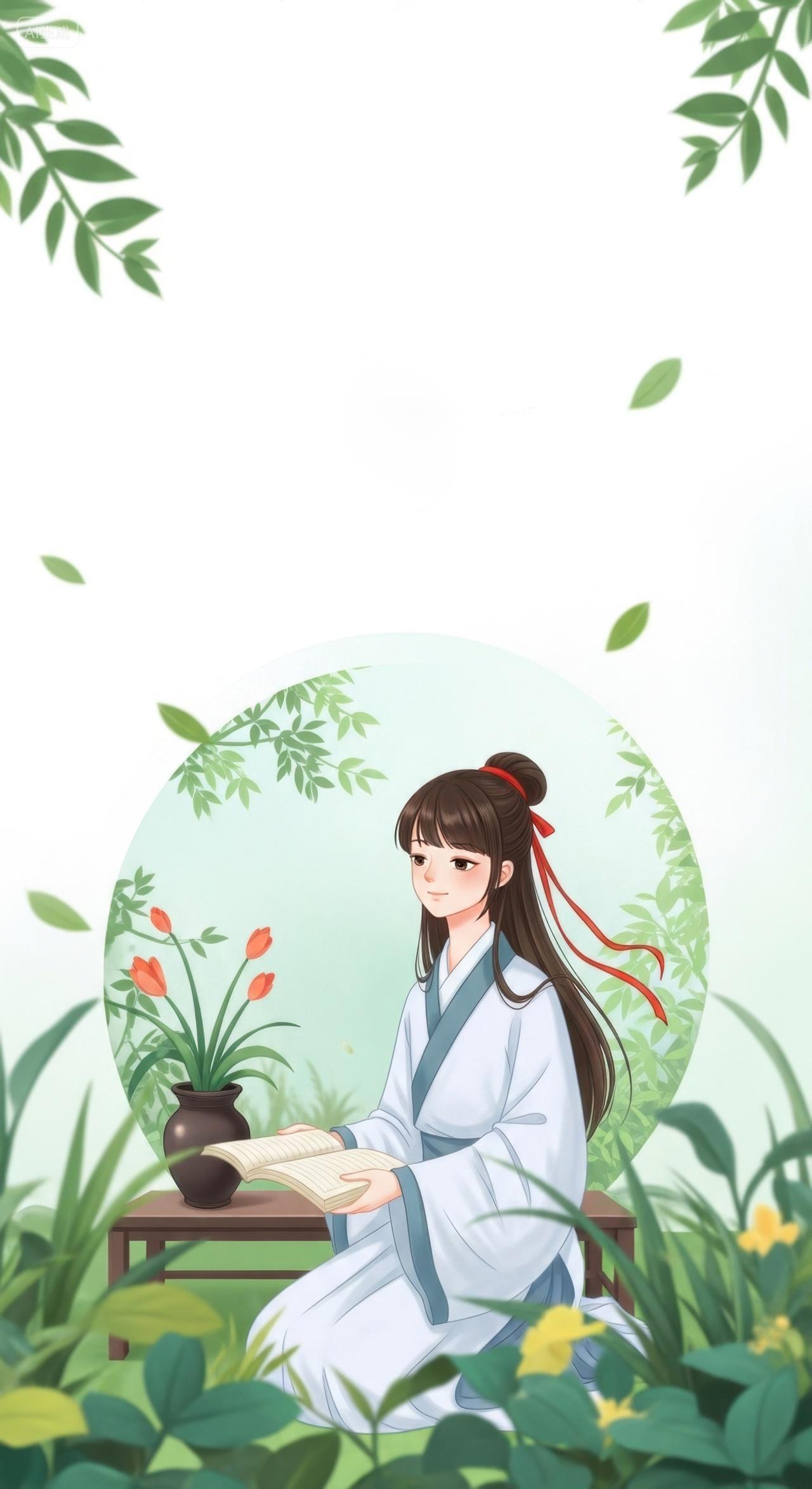 古风女子户外阅读场景