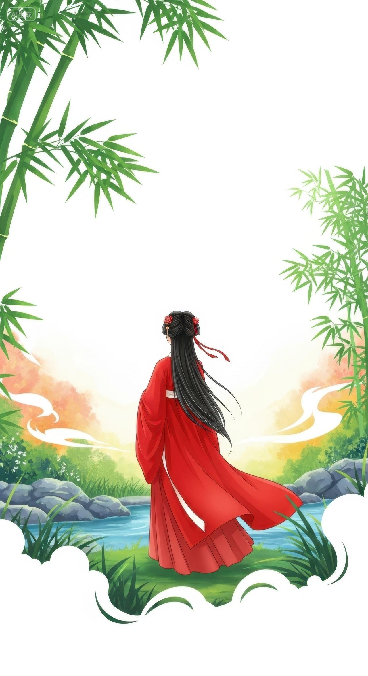 古装女子竹林河畔背影