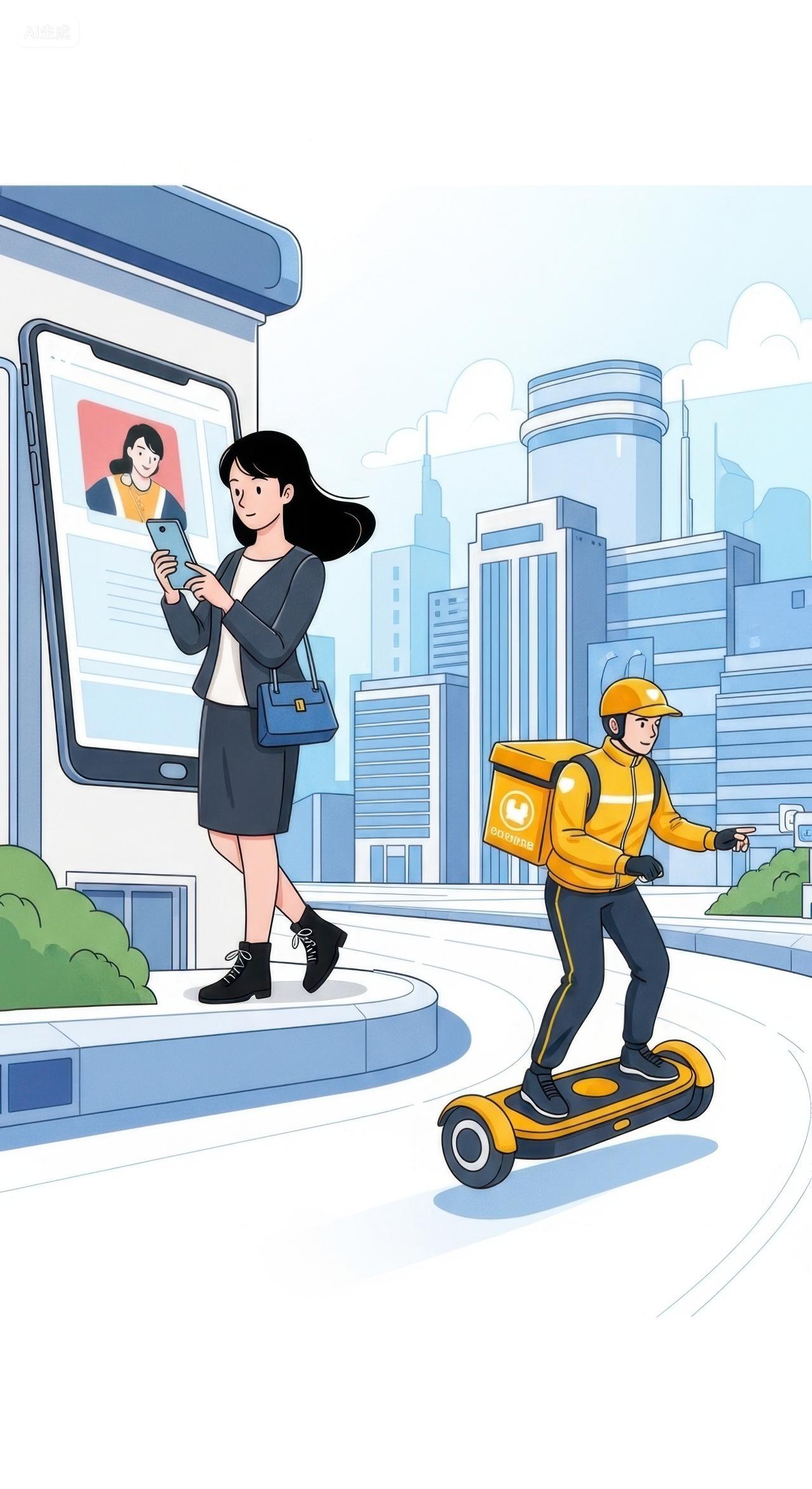 电商概念插图手机上购物的女士与快递员