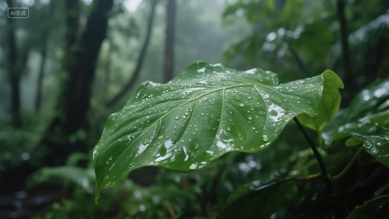 雨水节气森林绿叶水珠清新自然生态背景
