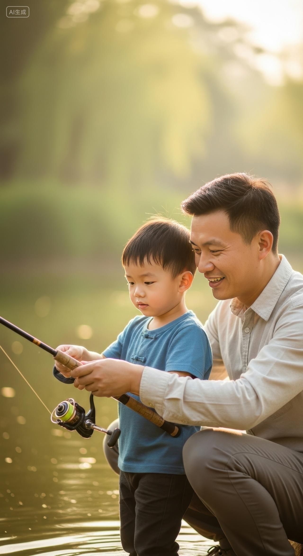 父子户外钓鱼温馨场景