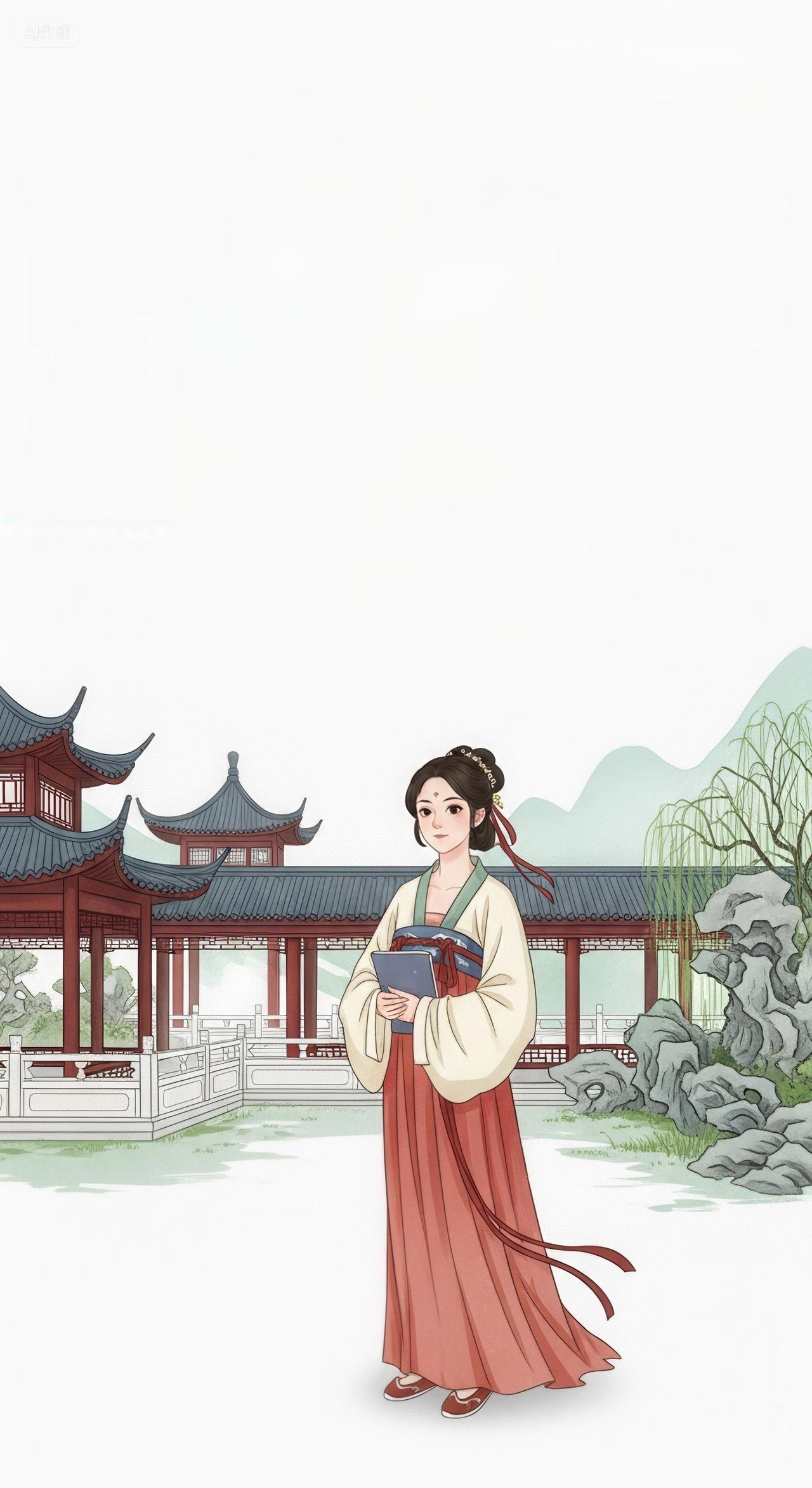 古装女子于古典园林持书卷