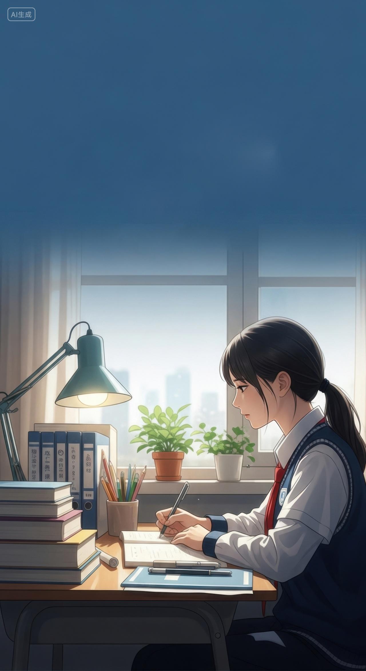 高考前女生书桌前学习写作业