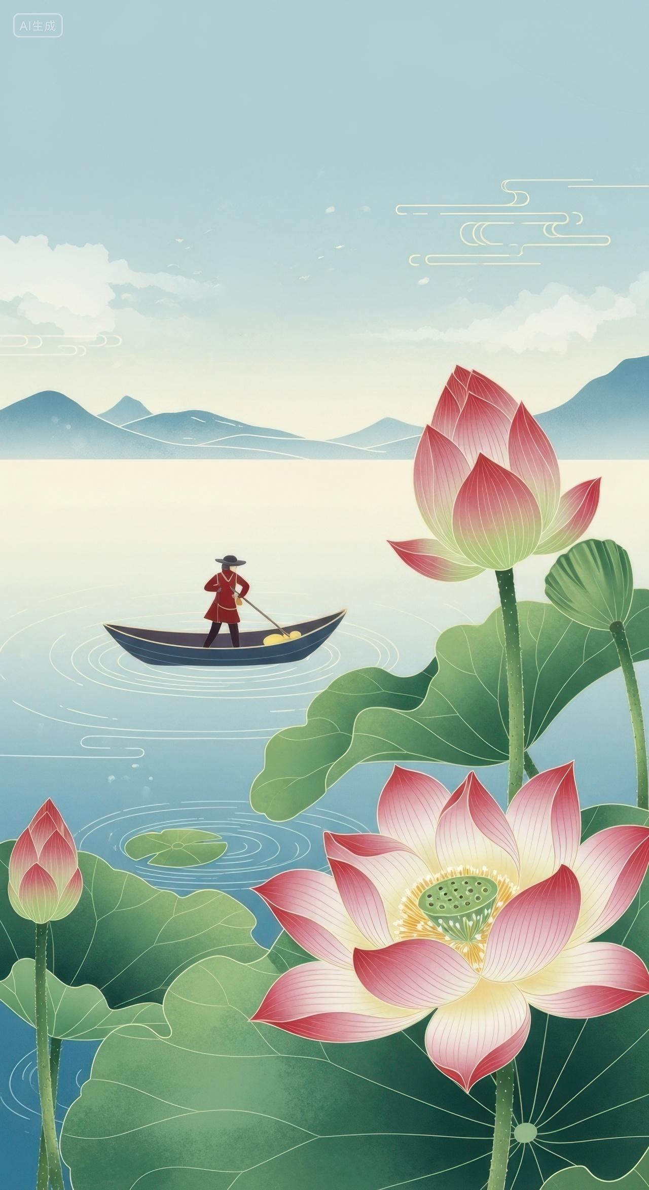 荷塘中撑船的渔夫