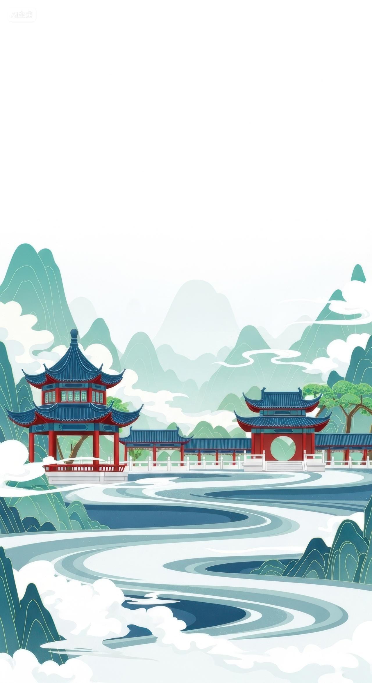 国潮中式山水景观古建筑插画