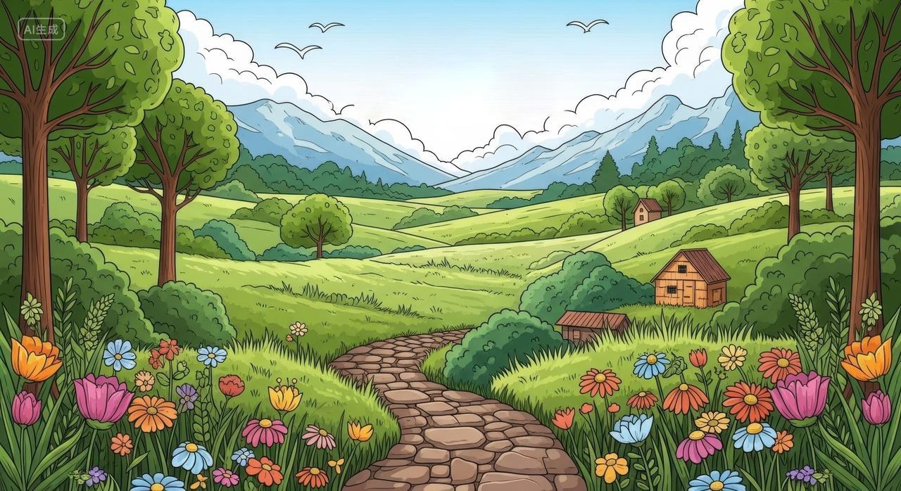 田园风光手绘风景图