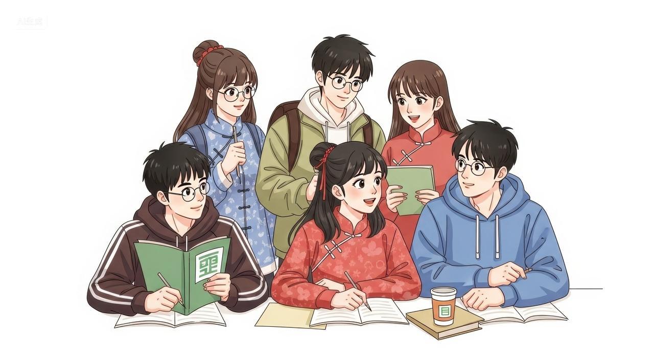 青年学生一起学习交流场景