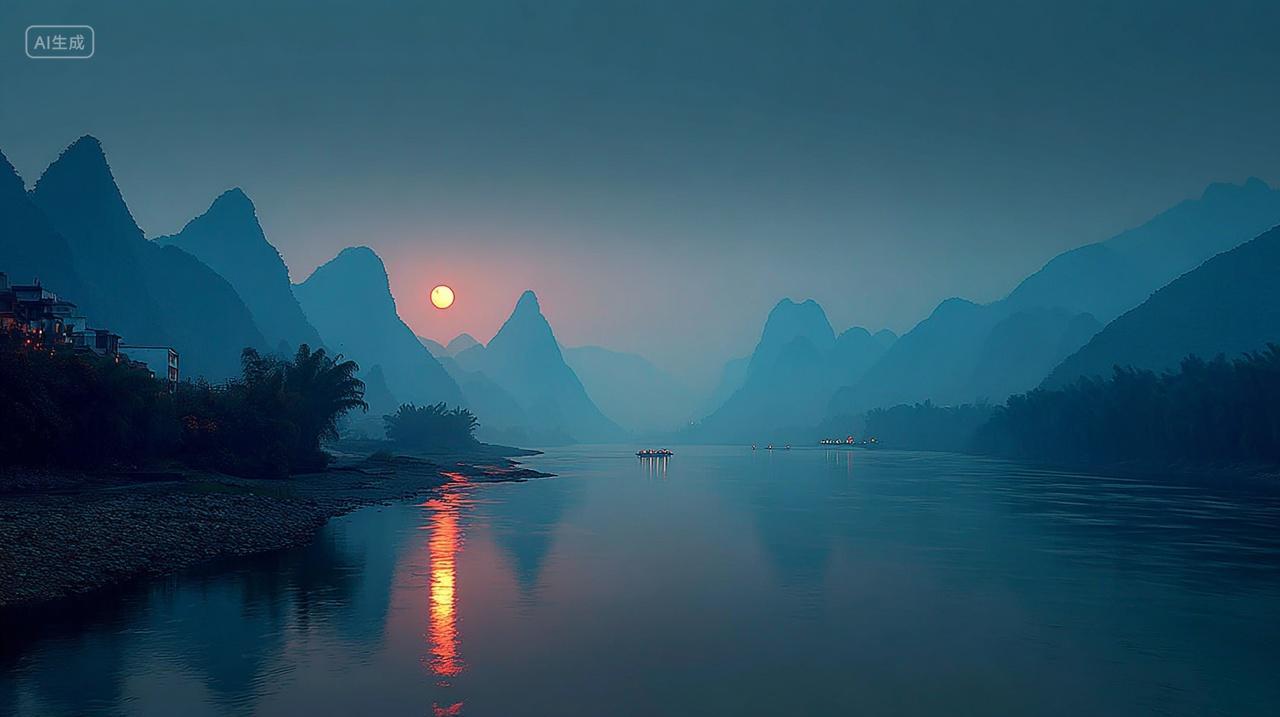 中国风夜景月光洒在河面远处山峦起伏雾如仙境美丽宁静壁纸