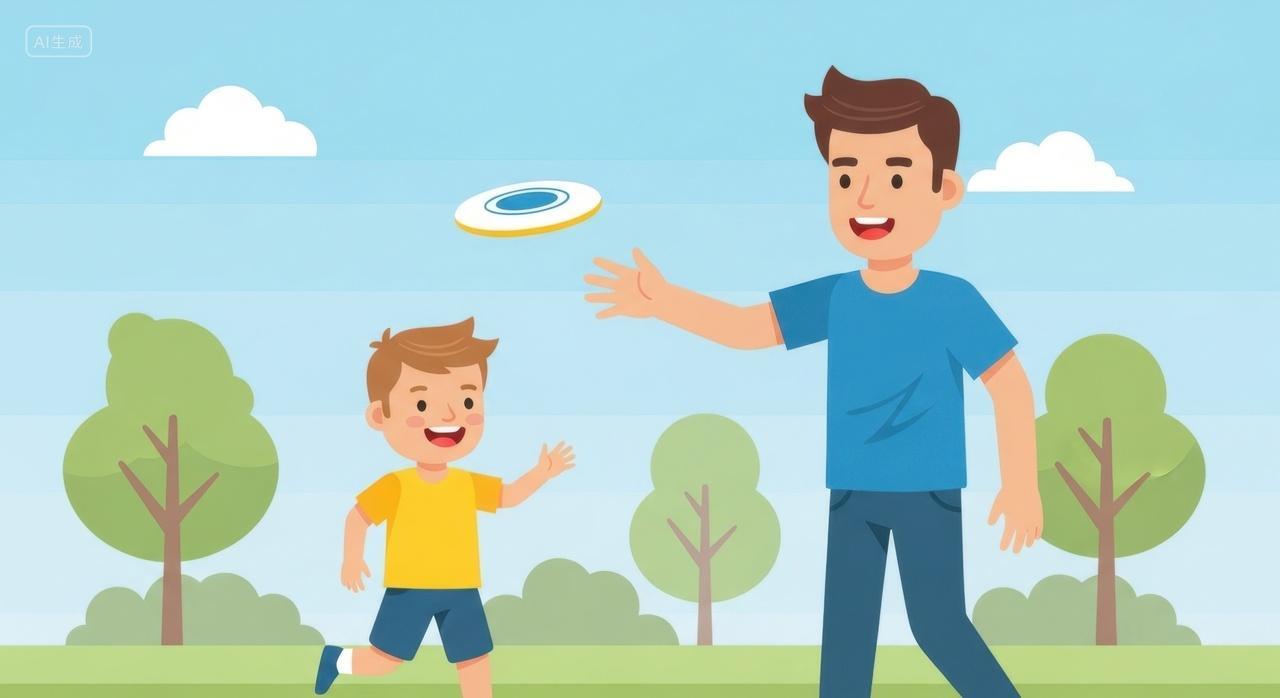 父子户外玩飞盘场景