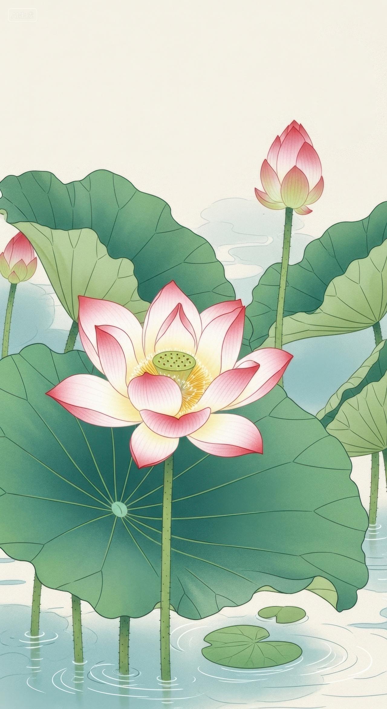 国风插画荷花荷叶图