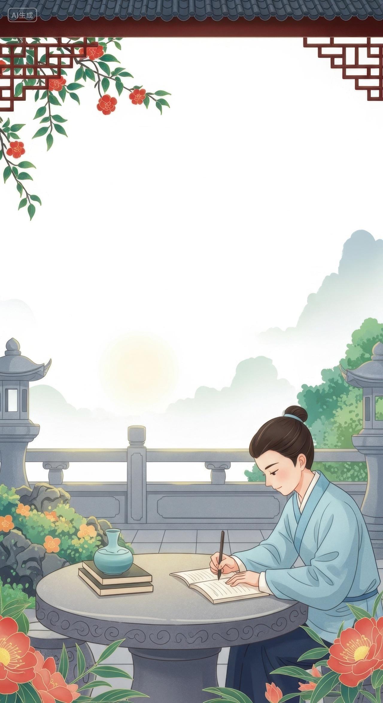 高考背景庭院中伏案书写的书生