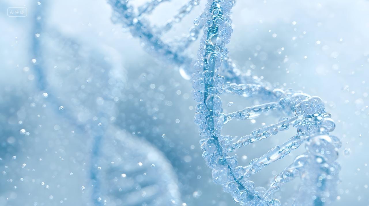 雪花背景下DNA双螺旋生物分子结构图