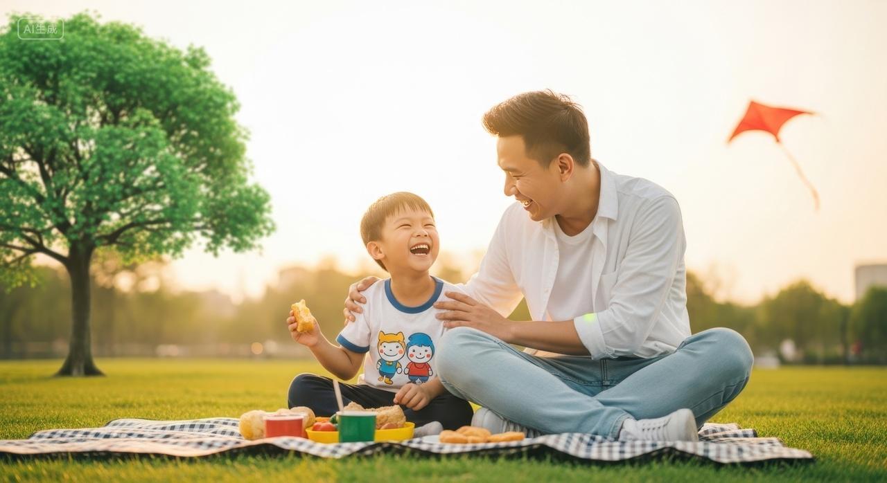 父子草地野餐的温馨时光