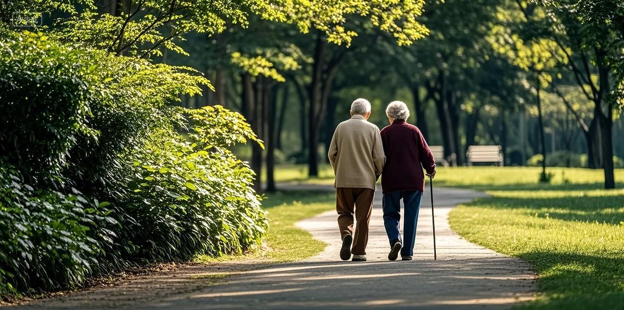 老年夫妻公园散步浪漫黄昏健康养老背景