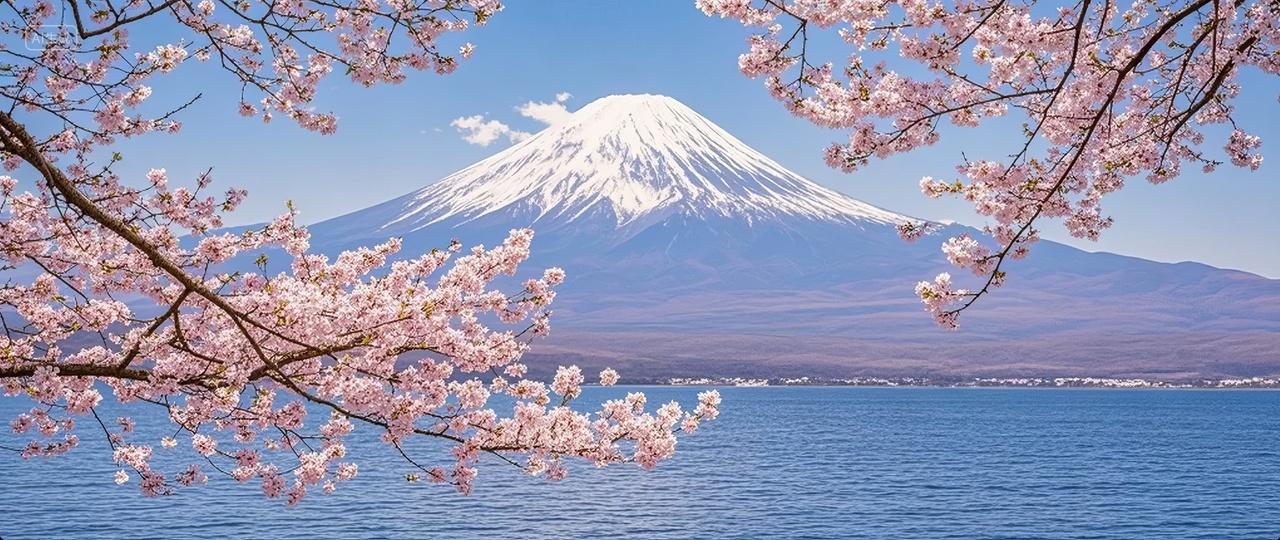 春分节气日本富士山樱花湖面倒影旅游背景