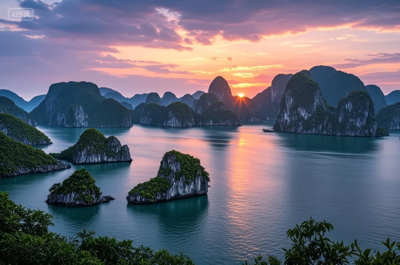 下龙湾海上桂林日落旅游壮丽山水风光背景