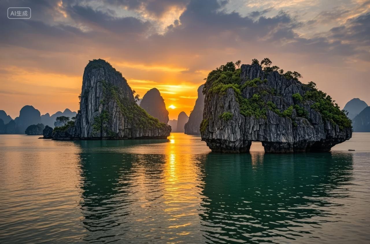 越南下龙湾日落山水风光旅游度假背景图