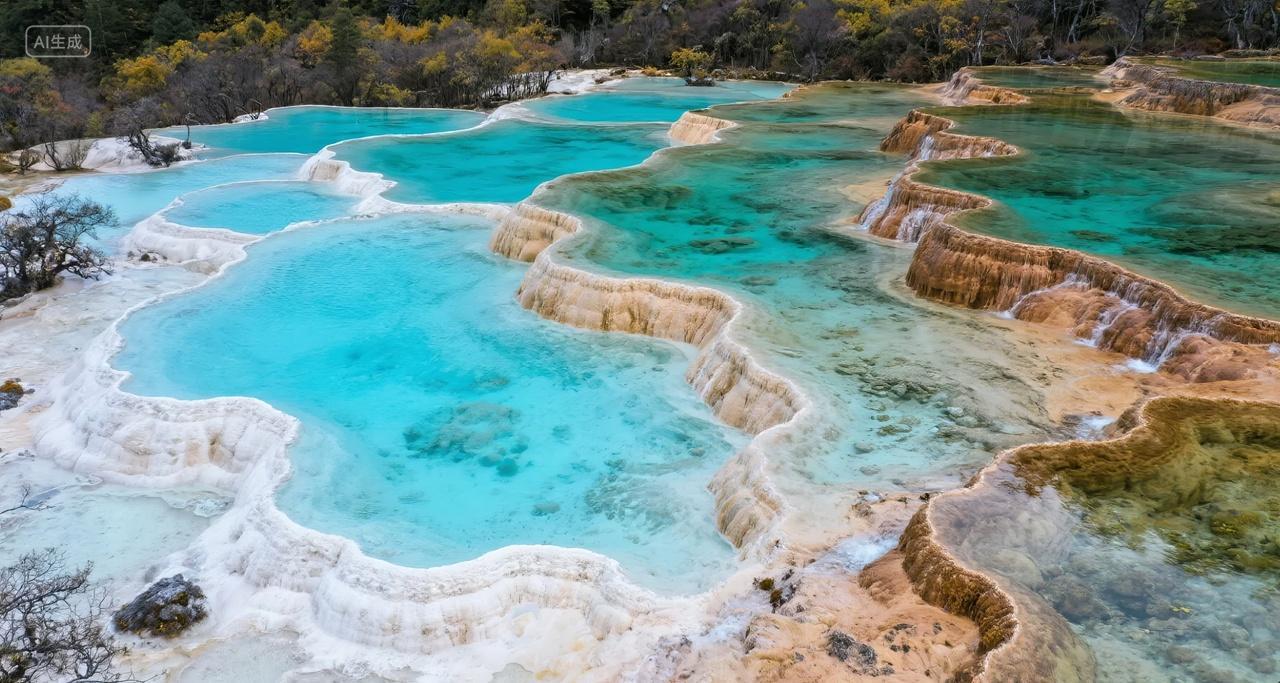 黄龙五彩池钙华池自然奇观地质旅游风光背景