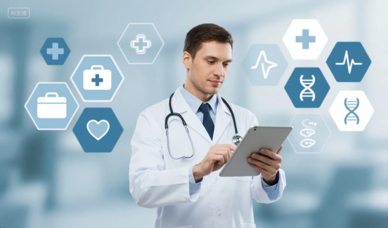 男医生手持平板电脑专业医疗服务科技背景
