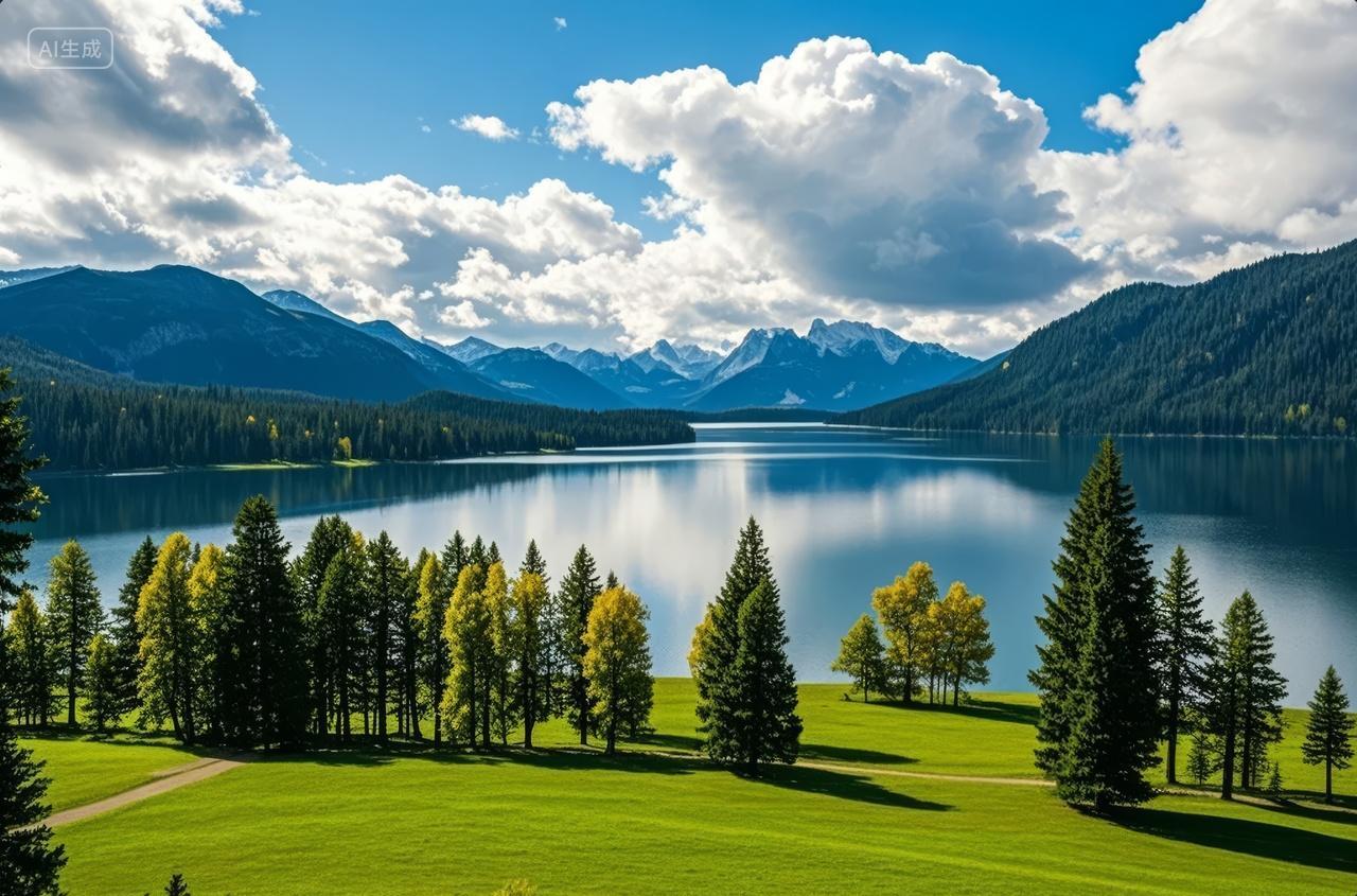 夏季节气湖泊森林倒影自然风光度假村背景
