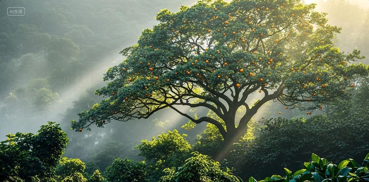 森林大树阳光穿透晨雾希望治愈自然背景