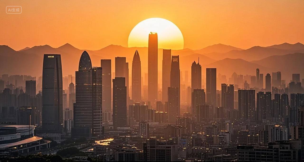 城市剪影日出阳光高楼林立商务金融区背景