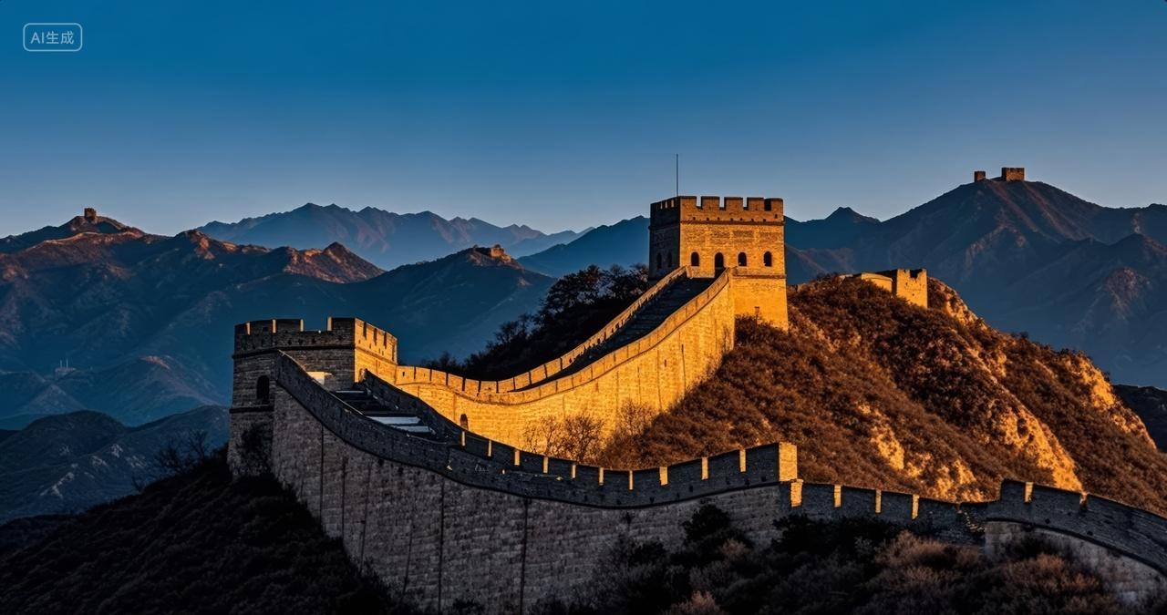 国庆节长城日落雄伟壮丽文化旅游宣传背景