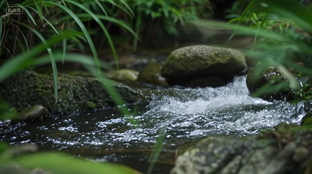 小溪流水绿植岩石近景自然生态背景图