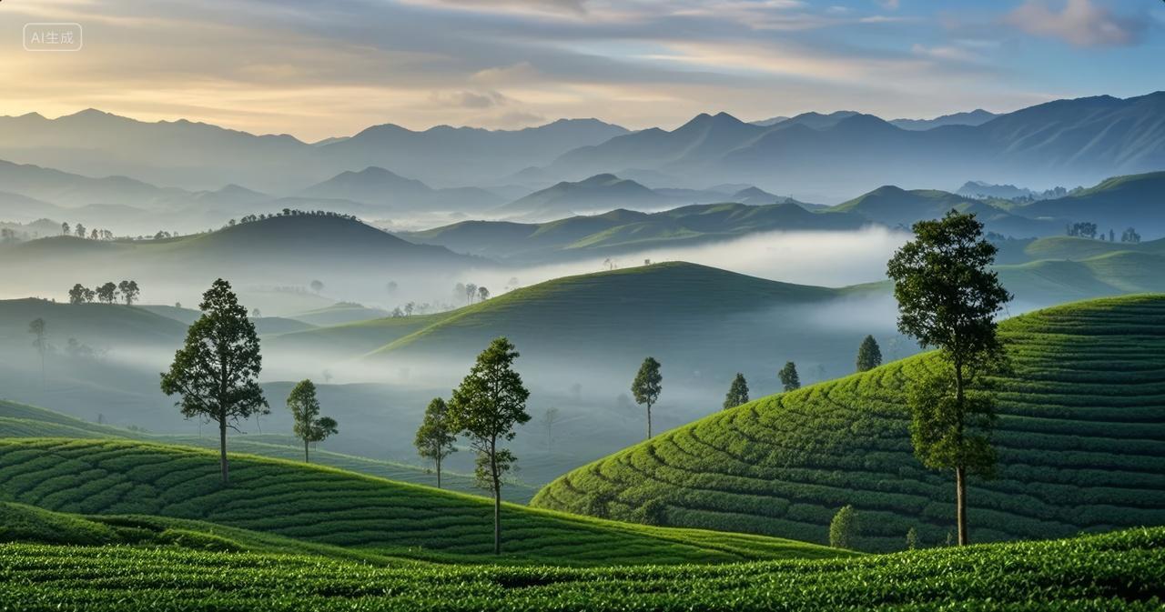 春分节气茶园梯田云雾自然风光农业旅游背景