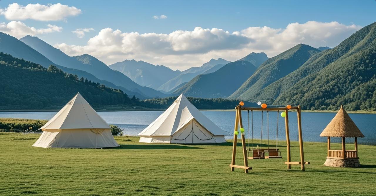 夏至节气户外露营帐篷湖畔山景休闲度假背景