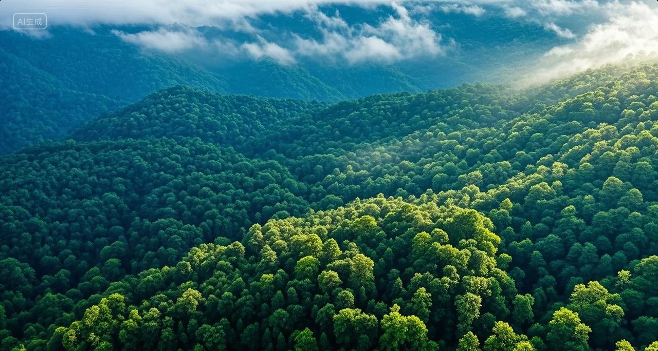 热带雨林浓雾阳光穿透自然生态探险背景图
