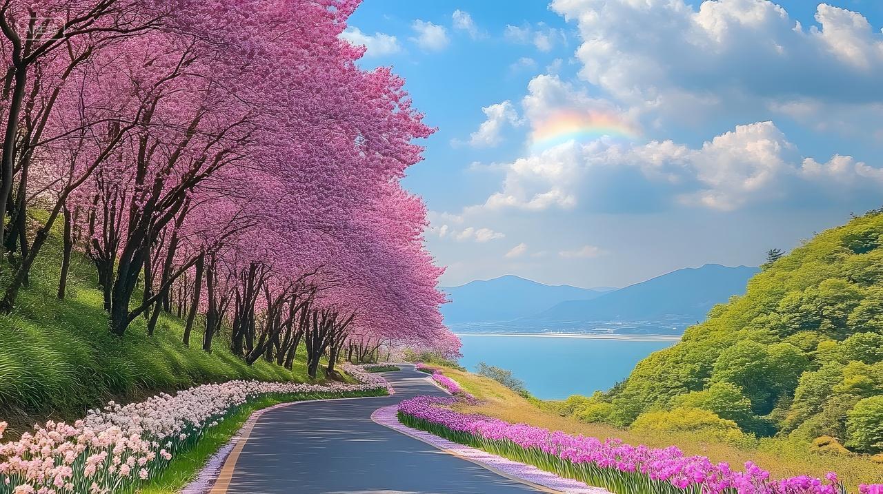 樱花树夹道，彩虹高挂，道路两旁花海盛开，远处湖光山色