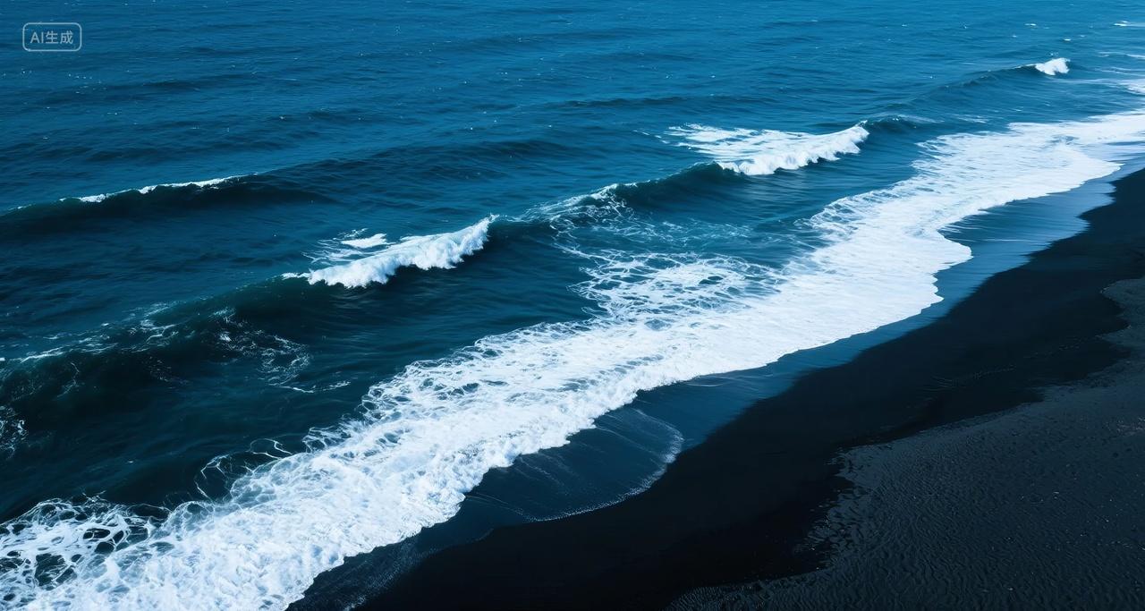 海浪拍打黑沙滩海岸线航拍自然风光背景