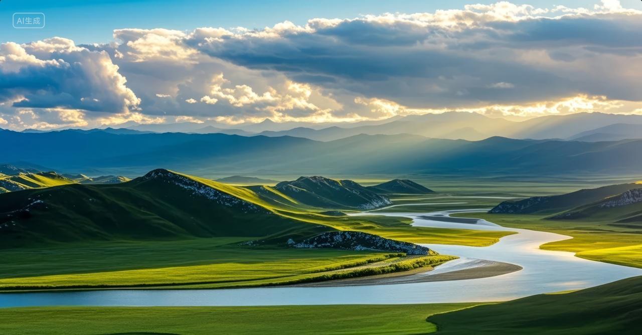春分节气草原丘陵河流阳光自然风光背景图
