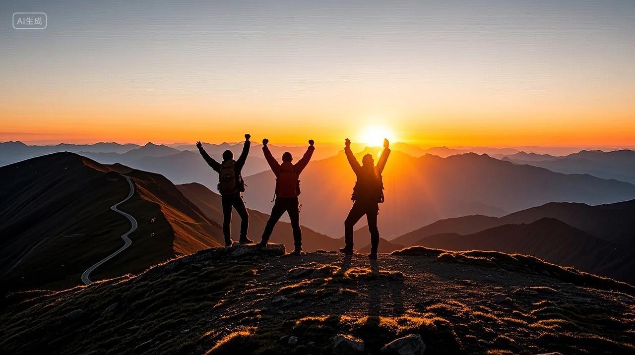 企业团队登山成功合作日出励志背景图
