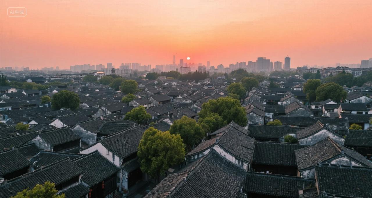 江南古镇日落黄昏航拍水乡夜景旅游背景